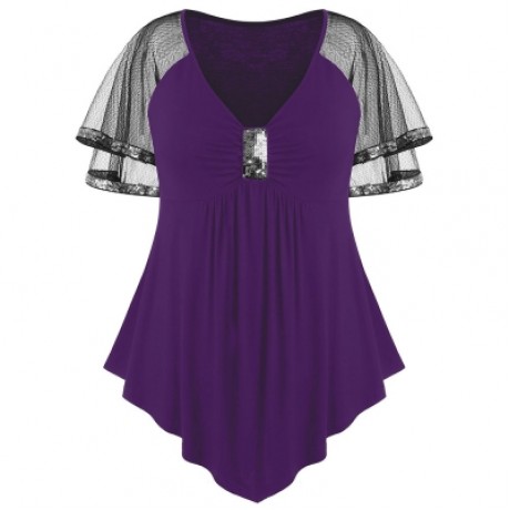 Plus Size V Neck Glittery Mesh Shoulder T-shirt (PURPLE)