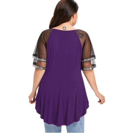 Plus Size V Neck Glittery Mesh Shoulder T-shirt (PURPLE)