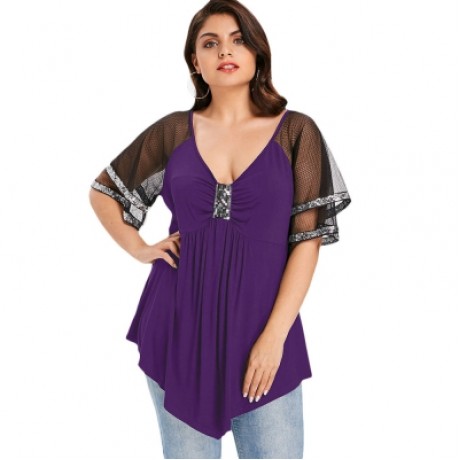 Plus Size V Neck Glittery Mesh Shoulder T-shirt (PURPLE)