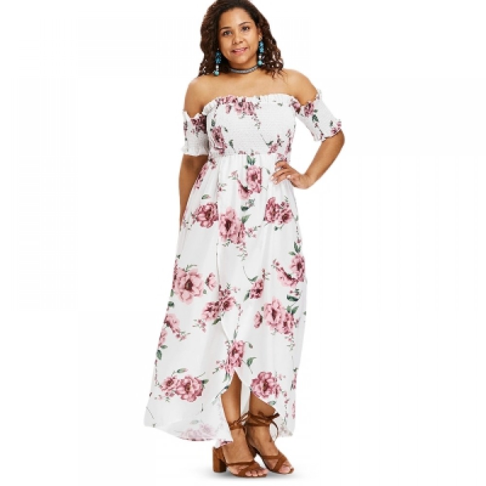Plus Size Floral Print Empire Waist Dress (WHITE)