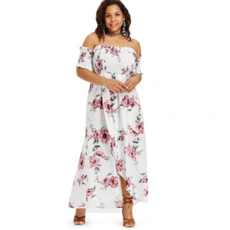 Plus Size Floral Print Empire Waist Dress (WHITE)