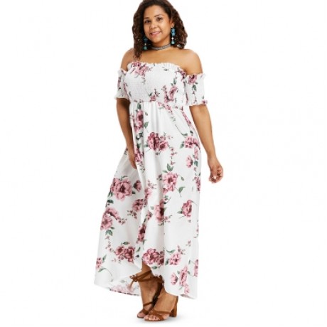 Plus Size Floral Print Empire Waist Dress (WHITE)
