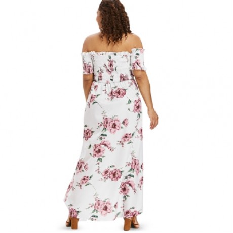 Plus Size Floral Print Empire Waist Dress (WHITE)