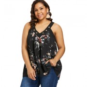 V Neck Plus Size Floral Print Tank Top (BLACK)