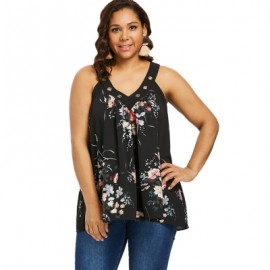 V Neck Plus Size Floral Print Tank Top (BLACK)