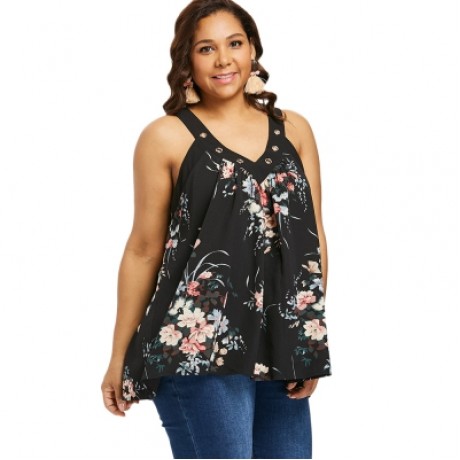 V Neck Plus Size Floral Print Tank Top (BLACK)