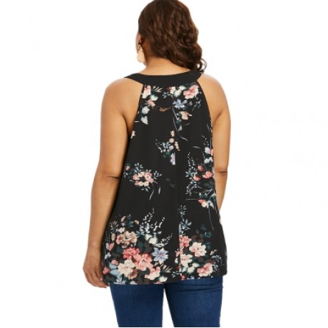 V Neck Plus Size Floral Print Tank Top (BLACK)