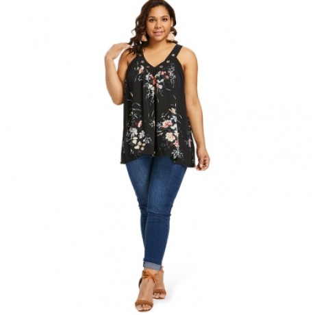 V Neck Plus Size Floral Print Tank Top (BLACK)