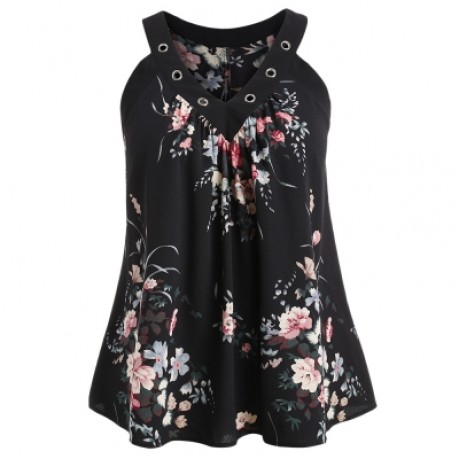 V Neck Plus Size Floral Print Tank Top (BLACK)