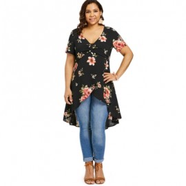 Plus Size Floral Overlap High Low Blouse (BLACK)
