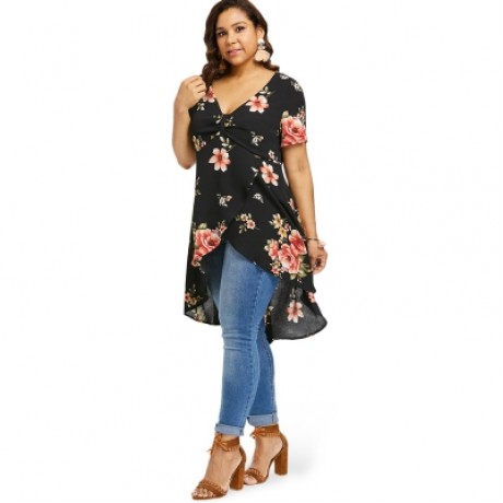Plus Size Floral Overlap High Low Blouse (BLACK)
