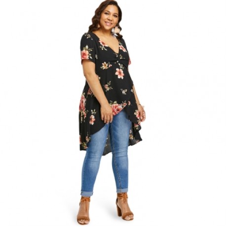 Plus Size Floral Overlap High Low Blouse (BLACK)