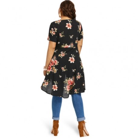 Plus Size Floral Overlap High Low Blouse (BLACK)