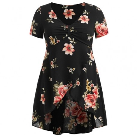 Plus Size Floral Overlap High Low Blouse (BLACK)
