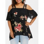 Plus Size Ruffle Floral High Low Blouse (BLACK)