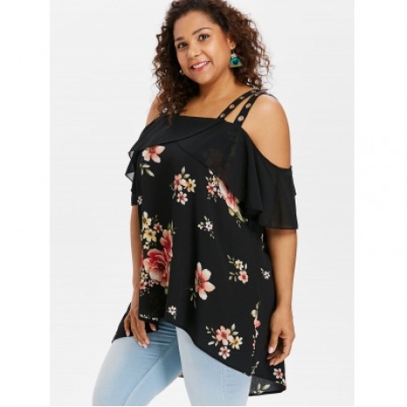 Plus Size Ruffle Floral High Low Blouse (BLACK)