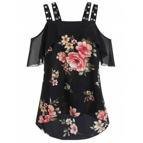 Plus Size Ruffle Floral High Low Blouse (BLACK)