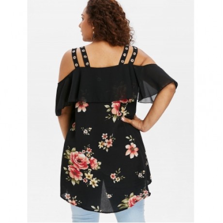 Plus Size Ruffle Floral High Low Blouse (BLACK)