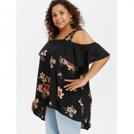 Plus Size Ruffle Floral High Low Blouse (BLACK)
