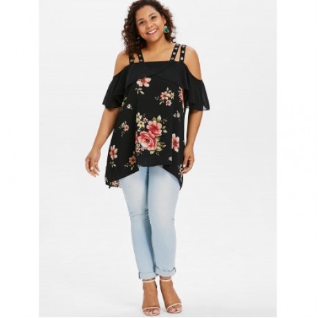 Plus Size Ruffle Floral High Low Blouse (BLACK)