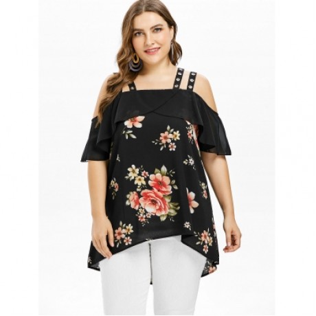 Plus Size Ruffle Floral High Low Blouse (BLACK)