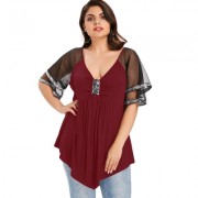Plus Size V Neck Glittery Mesh Shoulder T-shirt (RED WINE)