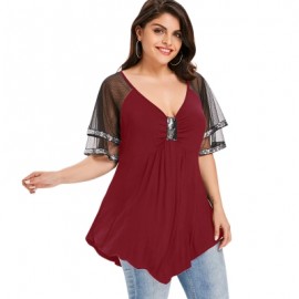 Plus Size V Neck Glittery Mesh Shoulder T-shirt (RED WINE)