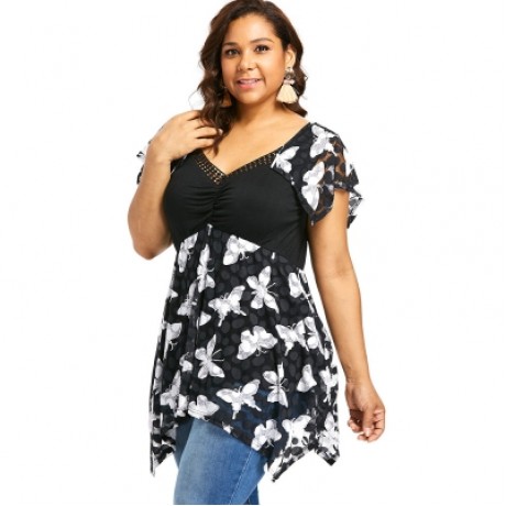 Plus Size Butterfly Print Empire Waist Handkerchief T-shirt (BLACK)