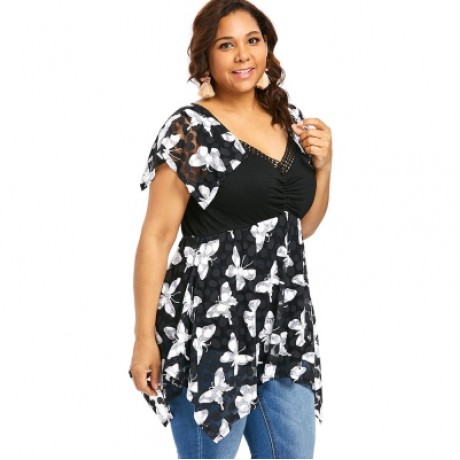 Plus Size Butterfly Print Empire Waist Handkerchief T-shirt (BLACK)