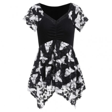 Plus Size Butterfly Print Empire Waist Handkerchief T-shirt (BLACK)