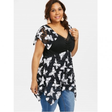 Plus Size Butterfly Print Handkerchief T-shirt (BLACK)