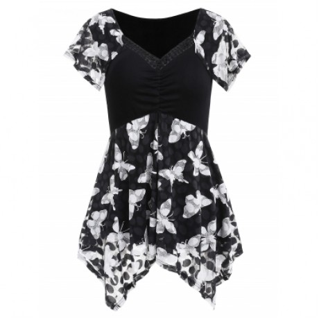 Plus Size Butterfly Print Handkerchief T-shirt (BLACK)