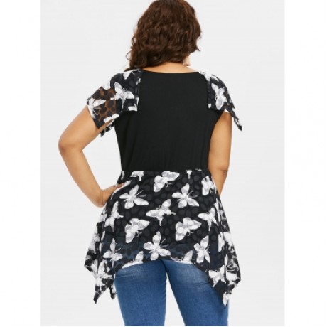 Plus Size Butterfly Print Handkerchief T-shirt (BLACK)