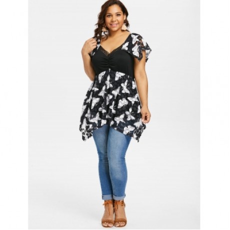 Plus Size Butterfly Print Handkerchief T-shirt (BLACK)