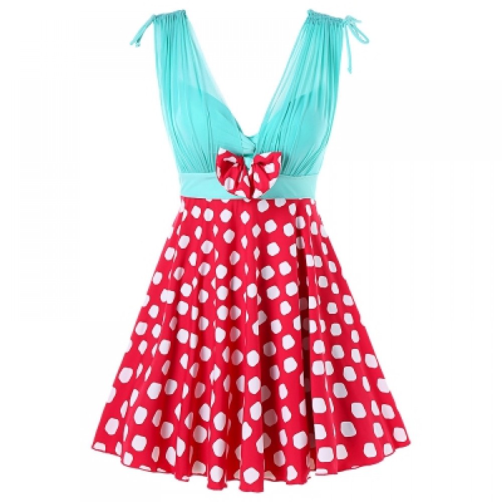 Plunging Neck One Piece Polka Dot Swimwear (RED)