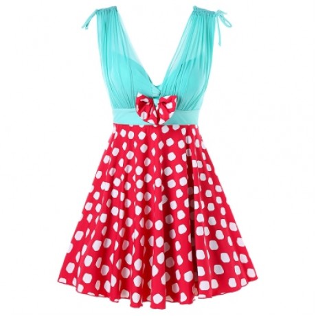 Plunging Neck One Piece Polka Dot Swimwear (RED)