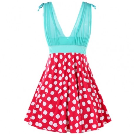 Plunging Neck One Piece Polka Dot Swimwear (RED)