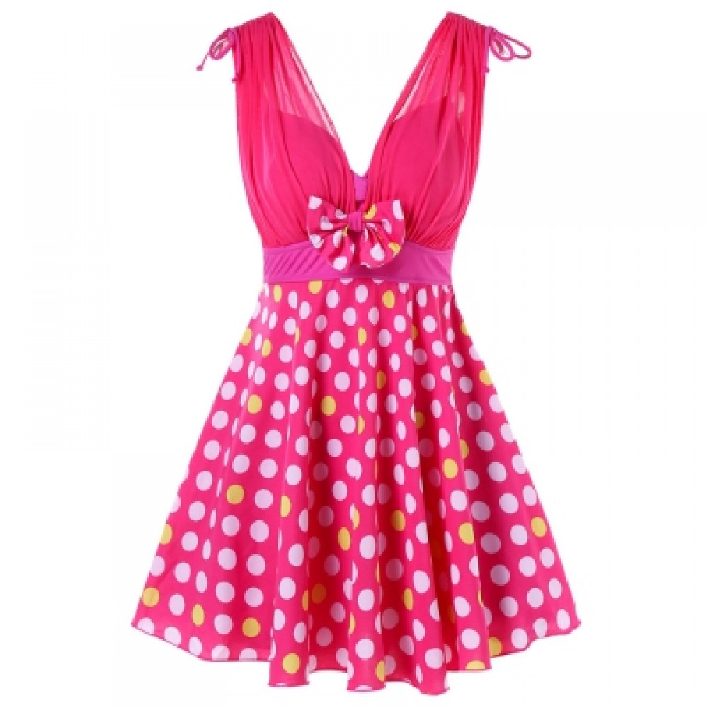 Plunging Neck One Piece Polka Dot Swimwear (DEEP PINK)