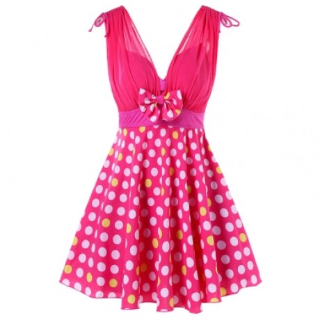 Plunging Neck One Piece Polka Dot Swimwear (DEEP PINK)