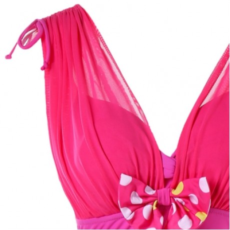 Plunging Neck One Piece Polka Dot Swimwear (DEEP PINK)