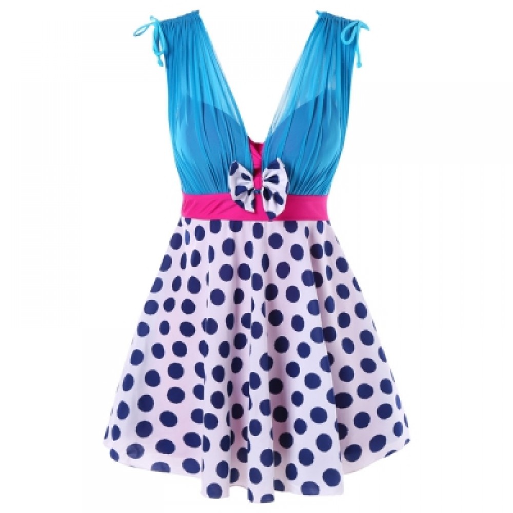 Plunging Neck One Piece Polka Dot Swimwear (BLUE IVY)