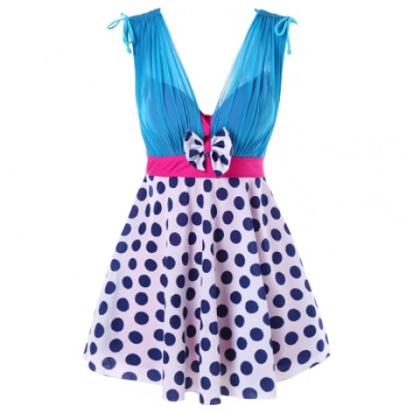 Plunging Neck One Piece Polka Dot Swimwear (BLUE IVY)