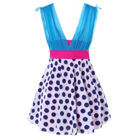 Plunging Neck One Piece Polka Dot Swimwear (BLUE IVY)
