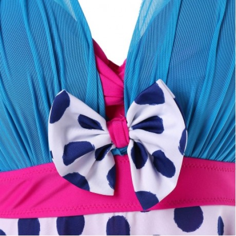 Plunging Neck One Piece Polka Dot Swimwear (BLUE IVY)