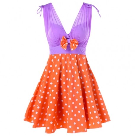 Plunging Neck One Piece Polka Dot Swimwear (ORANGE)