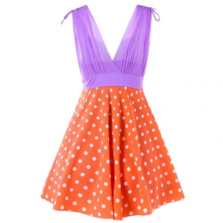 Plunging Neck One Piece Polka Dot Swimwear (ORANGE)