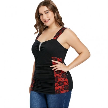 Plus Size Sequins Panel Bow Bust Tank Top (BLACK)