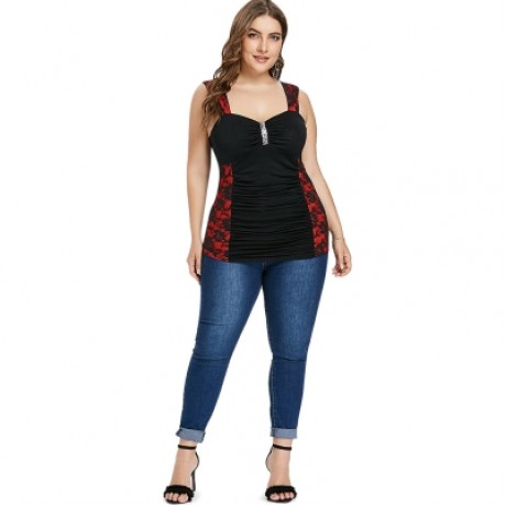 Plus Size Sequins Panel Bow Bust Tank Top (BLACK)