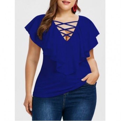 Criss Cross Plus Size Ruffle Insert T-shirt (DENIM DARK BLUE)