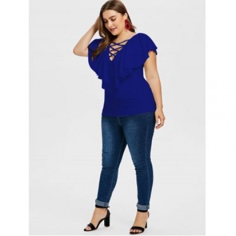 Criss Cross Plus Size Ruffle Insert T-shirt (DENIM DARK BLUE)